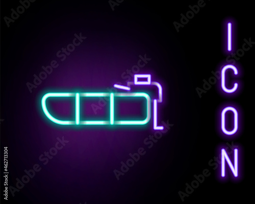 Glowing neon line Inflatable boat with outboard motor icon isolated on black background. Colorful outline concept. Vector