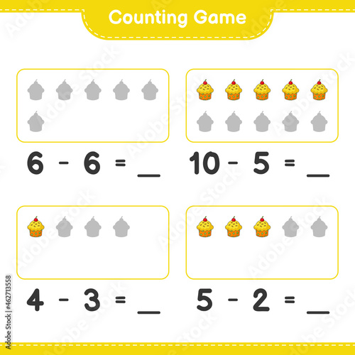 Counting game, count the number of Cup Cake and write the result. Educational children game, printable worksheet, vector illustration