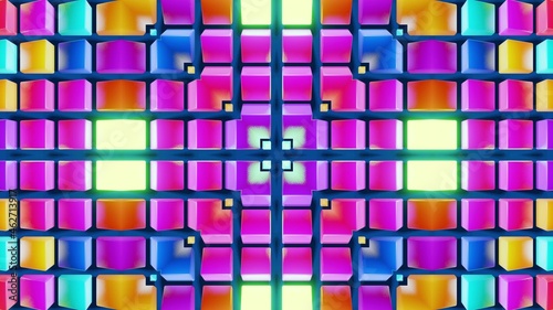 Geometric abstract background. Abstract symmetrical composition  multicolored 3d elements. 3d render abstract kaleidoscope with 3d simple objects. Motion design style