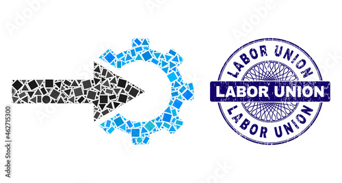 Geometric collage cog integration, and Labor Union unclean seal. Blue seal includes Labor Union title inside circle form. Vector cog integration collage is composed from different round, triangle,