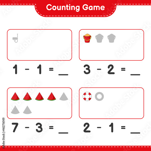 Counting game, count the number of Scuba Diving Mask, Sand Bucket, Watermelon, Lifebuoy and write the result. Educational children game, printable worksheet, vector illustration