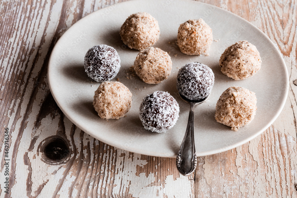Vegan protein balls with millet, coconut, cocoa and nuts Vegan protein balls with millet, coconut, cocoa and nuts