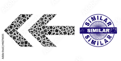 Geometric collage arrow left, and Similar grunge seal. Blue stamp has Similar caption inside circle shape. Vector arrow left collage is organized with scattered circle, triangle, rectangular items.