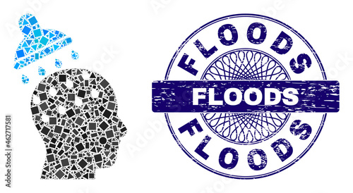 Geometric mosaic brain washing, and Floods textured badge. Violet stamp seal includes Floods caption inside circle form. Vector brain washing mosaic is composed with scattered circle, triangle,