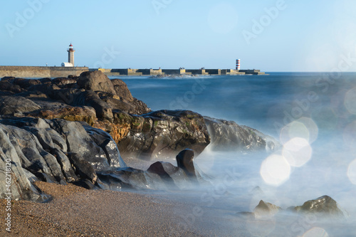 View to lighthouses from the beach, Matosinhos, Porto, Portugal photo