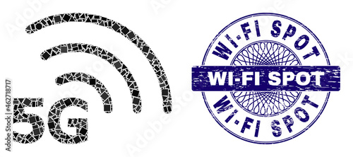 Geometric mosaic 5G internet, and Wi-Fi Spot corroded seal print. Blue seal has Wi-Fi Spot caption inside round form. Vector 5G internet mosaic is formed from different round, triangle, square dots.
