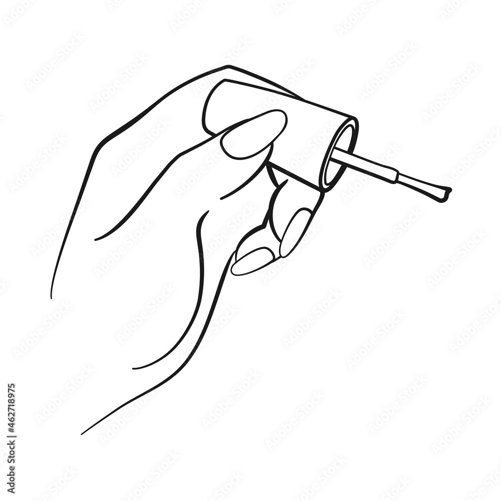 Nail technicians hand holding nail polish brush for manicure concept in line art vector Nail technicians hand holding nail polish brush for manicure concept in line art vector