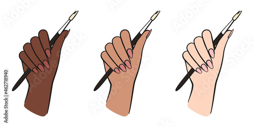 Female hand with acrylic nail brush or artist paint brush in three skin tones as vector icon set