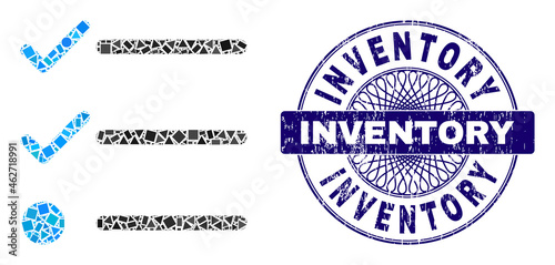 Geometric collage checklist, and Inventory textured seal. Violet seal contains Inventory tag inside circle form. Vector checklist collage is done with randomized circle, triangle, square items.