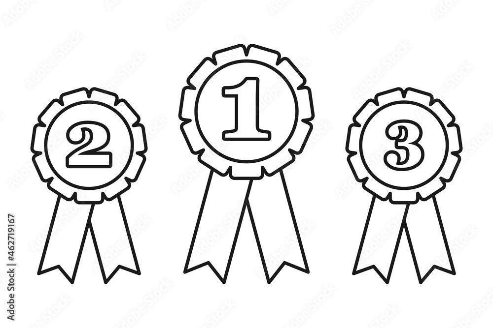 First place second place and third place rossette prize ribbons in vector outline set