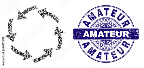 Geometric mosaic circulation, and Amateur textured stamp. Violet seal includes Amateur tag inside round form. Vector circulation mosaic is done with different round, triangle, rectangle items.