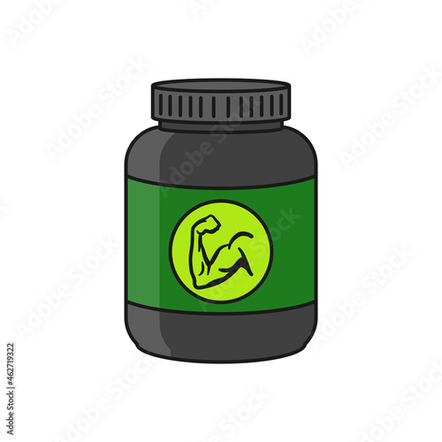 Protein powder container with muscle symbol for fitness concept in vector icon