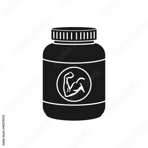 Protein powder container with muscle symbol for fitness concept in silhouette vector icon