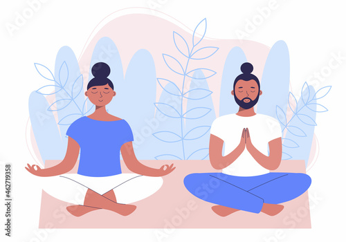 Young couple practice yoga in the lotus position. Man and woman. Meditation and relaxation vector illustration