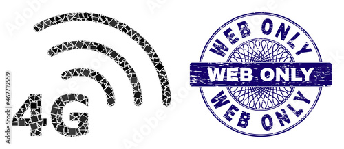 Geometric mosaic 4G internet, and Web Only rubber seal. Blue stamp seal has Web Only caption inside circle shape. Vector 4G internet mosaic is constructed with scattered circle, triangle,