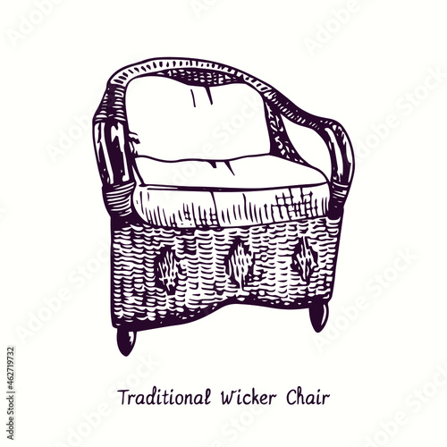Traditional Wicker Chair. Ink black and white doodle drawing in woodcut style.