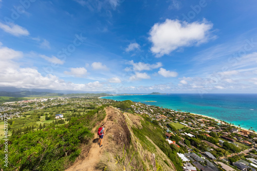 USA, Pazific Ocean, Hawaii, Oahu, Kailua, female hiker on the Lanikai Pillbox Trail, Kaiwa RidgeTrail photo