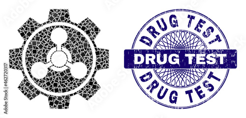 Geometric collage chemical industry, and Drug Test textured seal imitation. Violet stamp seal includes Drug Test caption inside circle form.