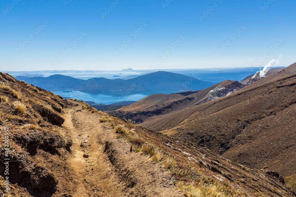 New Zealand, Oceania, North Island, Tongariro National Park, North Island Volcanic Plateau, Tongariro Alpine Crossing Trail, Lake Rotoaira and Lake Taupo, path to Ketetahi Hut, Te Maari Crater, steam from the Ketetahi Hot Springs New Zealand, Oceania, North Island, Tongariro National Park, North Island Volcanic Plateau, Tongariro Alpine Crossing Trail, Lake Rotoaira and Lake Taupo, path to Ketetahi Hut, Te Maari Crater, steam from the Ketetahi Hot Springs