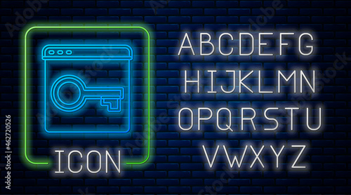 Glowing neon Secure your site with HTTPS, SSL icon isolated on brick wall background. Internet communication protocol. Neon light alphabet. Vector