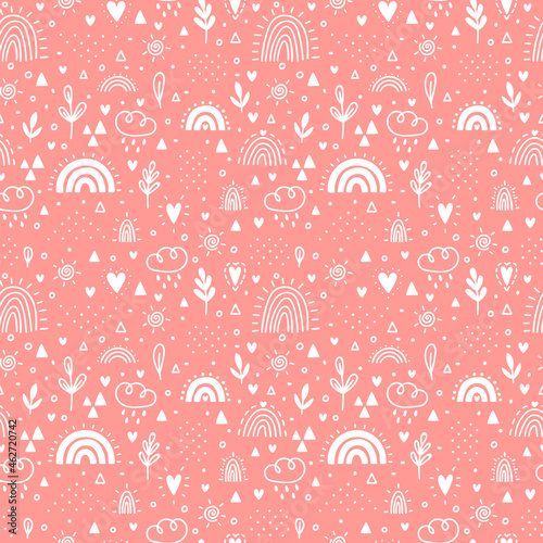 Cute seamless pattern. Background with rainbows. Nursery design. Trendy texture for fabric, textile, wrapping paper, cloth