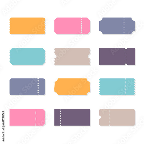 Set of vector templates entry tickets. Blank tickets. Sale, discount, coupons with ruffle edges. Concert, cinema, theatre cards