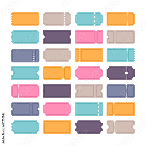 Set of vector templates entry tickets. Blank tickets. Discount, sale, coupons with ruffle edges. Concert, cinema cards