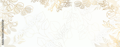 Luxurious golden wallpaper. Floral frame with branches. White background and beautiful golden leaves at the top of the illustration. Flowers with a shiny light texture. Vector illustration.