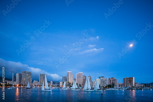 USA, Hawaii, Oahu, Honolulu and Ala Wai Boat Harbor at blue hour photo