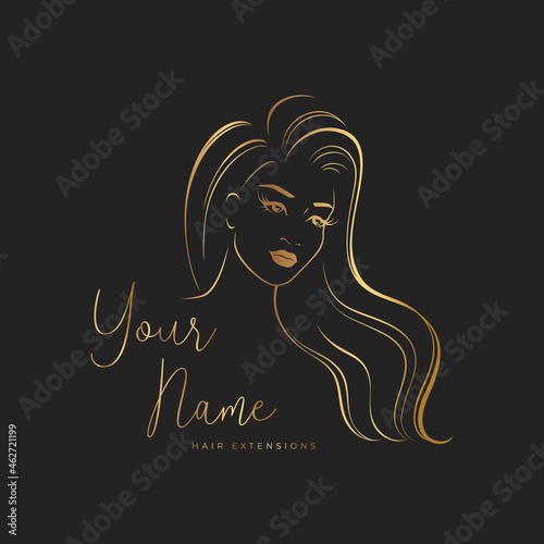 Hair extensions logo. Elegant silhouette of a girl with long hair on a black background