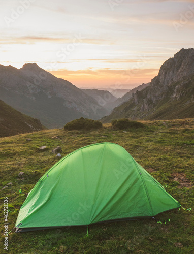 Spain, Cantabria, Green tent pitched in Picos de Europa at dawn