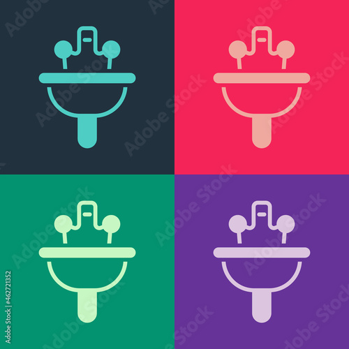 Pop art Washbasin with water tap icon isolated on color background. Vector