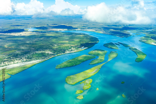 Aerial view of Gregory Islands and Isis river reaching the sea near Hervey Bay, Queensland, Australia photo