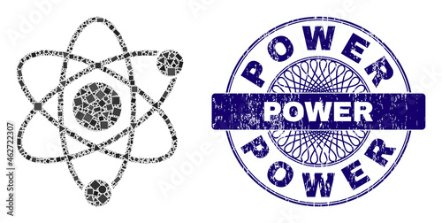 Geometric mosaic atomic, and Power dirty seal print. Blue seal has Power tag inside round form. Vector atomic mosaic is constructed with random spheric, triangle, rectangular items.