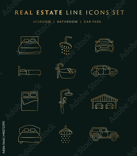 Real Estate line icons set including bed for bedroom, bath or shower for bathroom, and vehicle or garage for car park