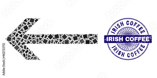 Geometric mosaic arrow left, and Irish Coffee rubber stamp seal. Blue stamp seal has Irish Coffee caption inside circle shape. Vector arrow left mosaic is designed from randomized circle, triangle,
