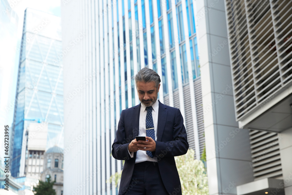 Businessman texting through mobile phone outside office building in city Businessman texting through mobile phone outside office building in city