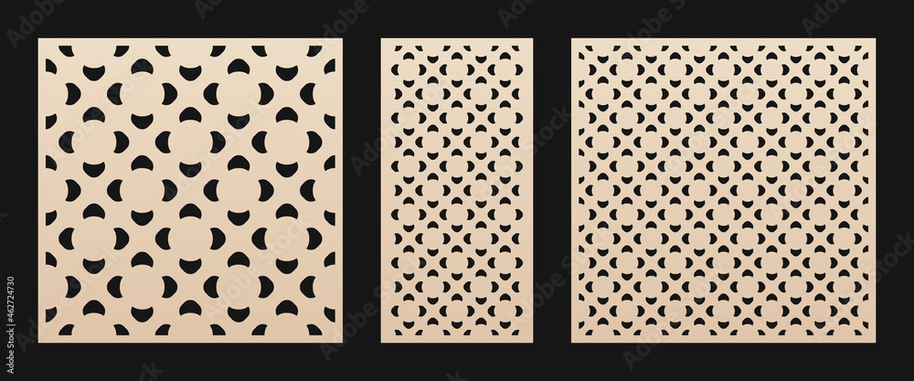 Laser cut pattern set. Vector design with simple floral geometric ornament,  abstract grid, mesh, curved shapes. Template for cnc cutting, decorative  panels of wood, metal, paper. Aspect ratio 1:1, 1:2 Stock Vector