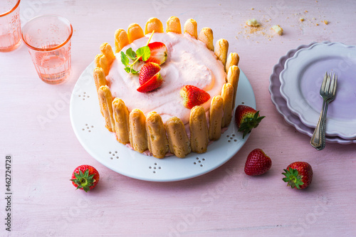 Strawberry charlotte with ladyfingers and sour cream photo