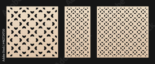 Laser cut pattern set. Vector design with simple floral geometric ornament, abstract grid, mesh, curved shapes. Template for cnc cutting, decorative panels of wood, metal, paper. Aspect ratio 1:1, 1:2