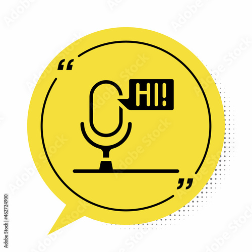 Black Microphone voice device icon isolated on white background. Microphone interpreter and alphabet letters. Yellow speech bubble symbol. Vector