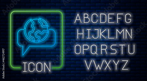 Glowing neon Learning foreign languages icon isolated on brick wall background. Translation, language interpreter and communication. Neon light alphabet. Vector