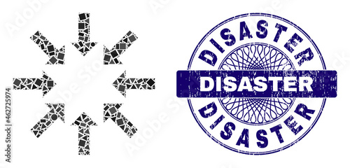 Geometric collage collapse arrows, and Disaster scratched seal. Violet seal includes Disaster text inside round shape. Vector collapse arrows collage is done from different round, triangle,