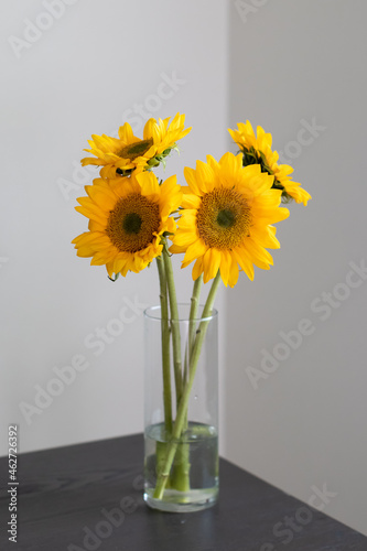 Four Yellow Sunflowers in a clear vase on a table