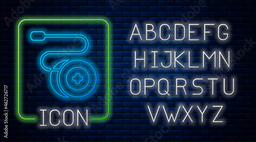 Glowing neon Yoyo toy icon isolated on brick wall background. Neon light alphabet. Vector