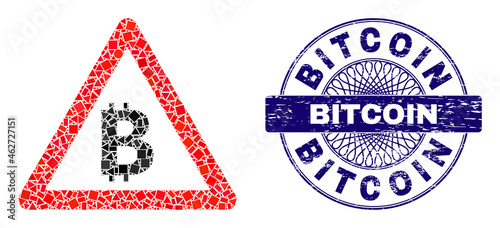 Geometric collage bitcoin warning, and Bitcoin rubber stamp. Blue stamp seal has Bitcoin caption inside round form. Vector bitcoin warning collage is composed with different circle, triangle,