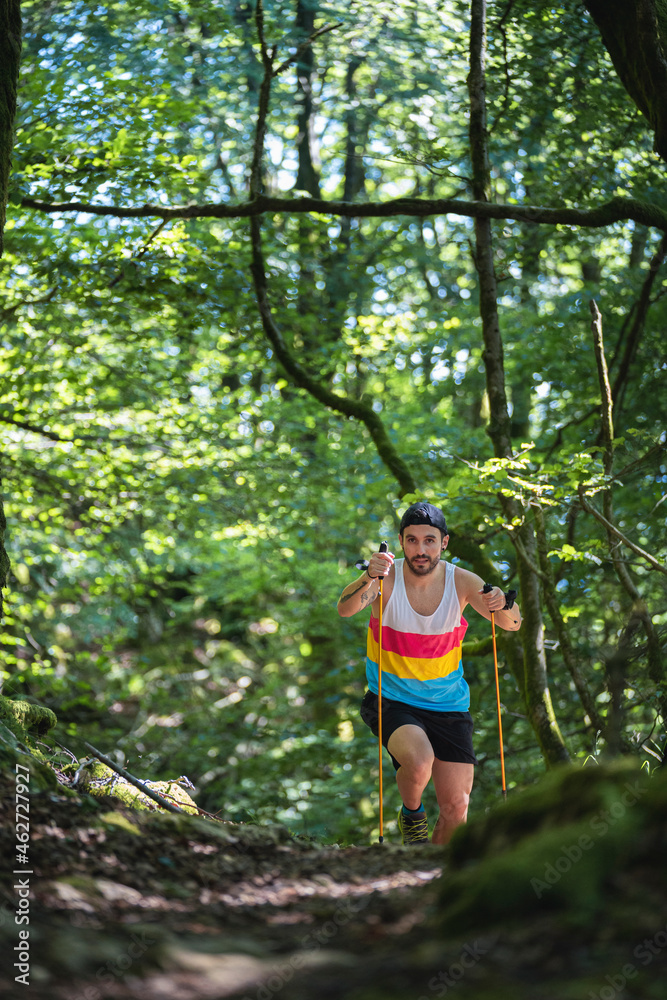 Man with hiking pole hiking on mountain path at forest Man with hiking pole hiking on mountain path at forest