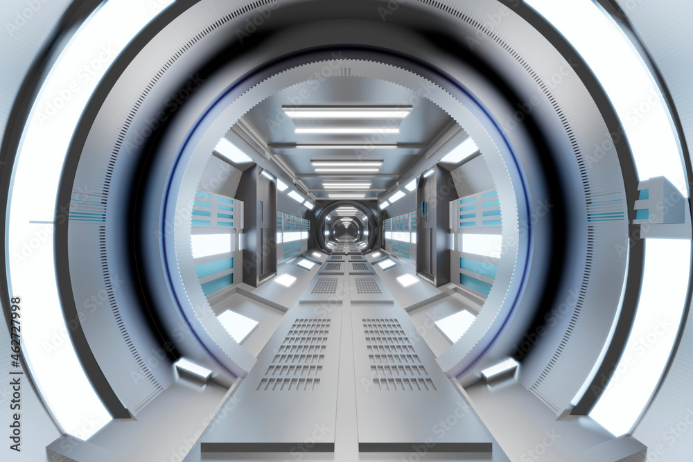 Three dimensional render of bright futuristic corridor inside spaceship or space station Three dimensional render of bright futuristic corridor inside spaceship or space station
