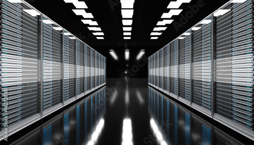 Three dimensional render of modern server room