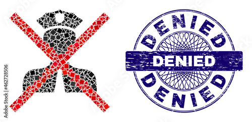 Geometric collage cancel policeman, and Denied dirty seal. Blue seal contains Denied caption inside round form. Vector cancel policeman collage is organized with randomized round, triangle,